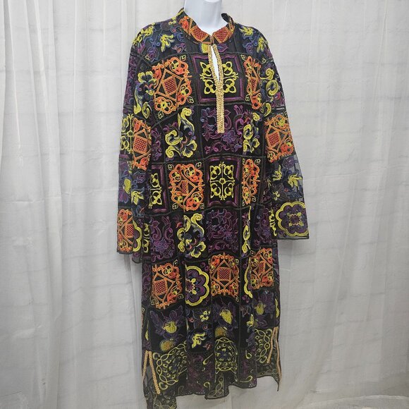 Rara Avis by Iris Apfel Kaftan Dress Maxi Embroidered Mesh Artsy Black Orange 1X - Picture 4 of 15
